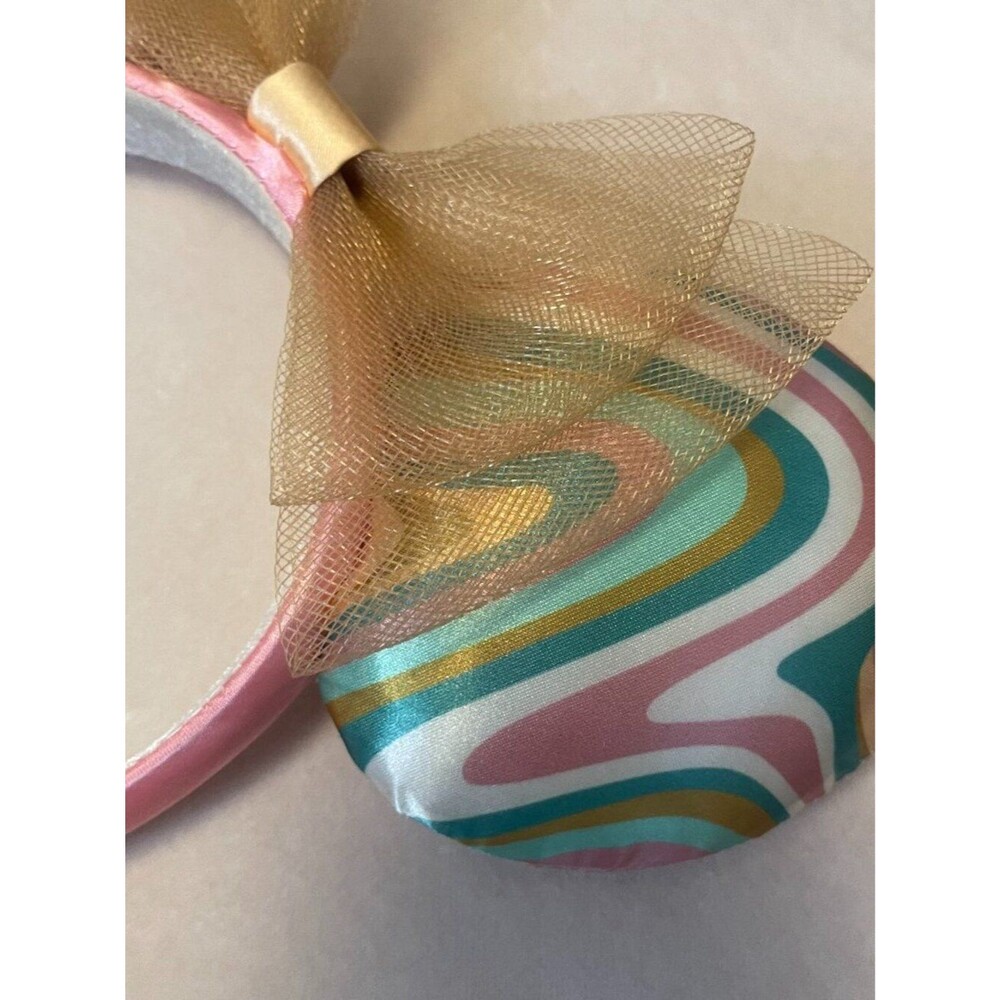 Disney Minnie Mouse Ears Headband Pastel Pink Green Swirl Rainbow Gold Bow Satin - Picture 5 of 5